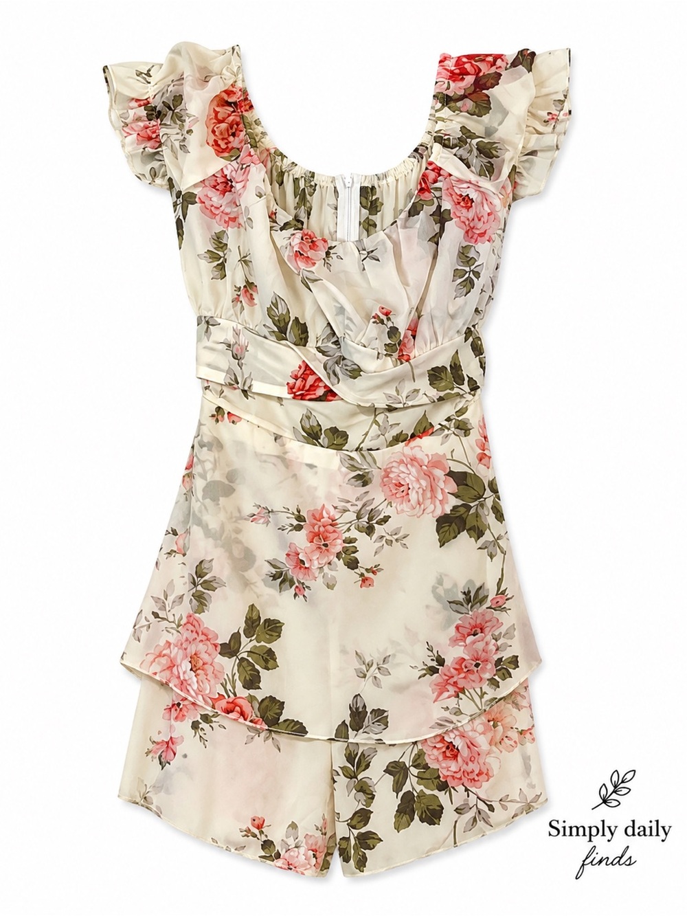 SHEIN Floral Skort Romper Women’s Medium Cream Pink Ruffle Cottagecore